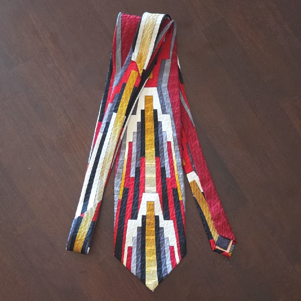 Retro 1980s Accents Silk Tie WIDE/LONG Geometric 4" x 58 Burgundy Gold